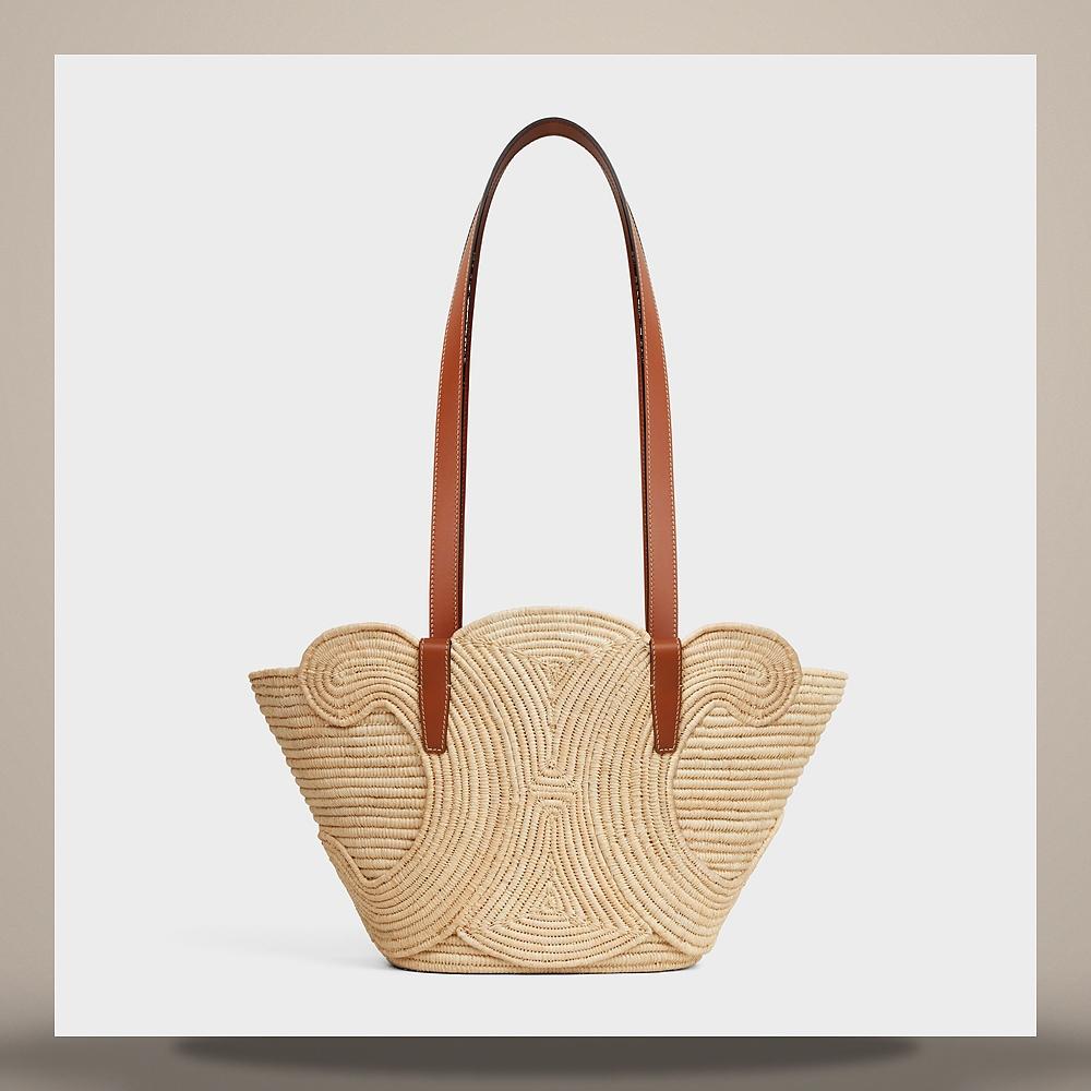 CELINE Small Classic Panier Braided Triomphe Raffia Calfskin Tote Tan