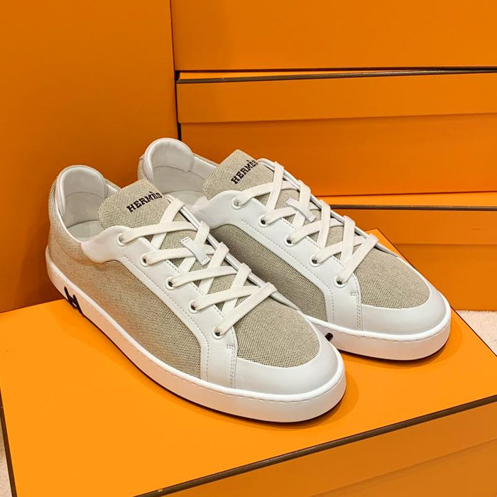 HERMES Brown Canvas Goatskin H Logo Kid Low Top Sneakers