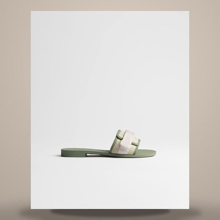 DIOR White Green Dior Oblique Washed Linen Evolution Slide Sandal KCO674LIO S92W