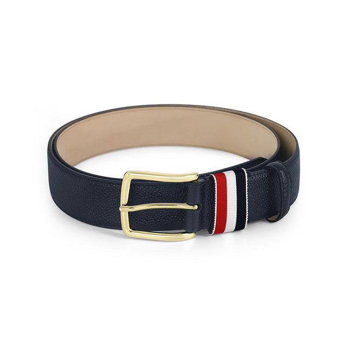 THOM BROWNE Pebble Grain Leather Belt with Tricolor Tab Navy Men’s