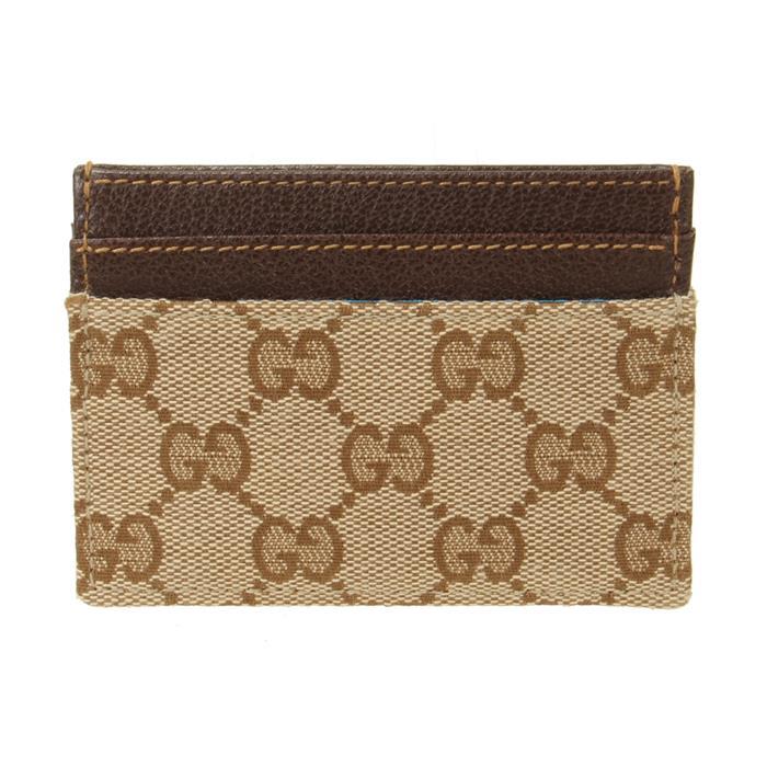 GUCCI Plaque Card Case Leather Wallet Beige Brown