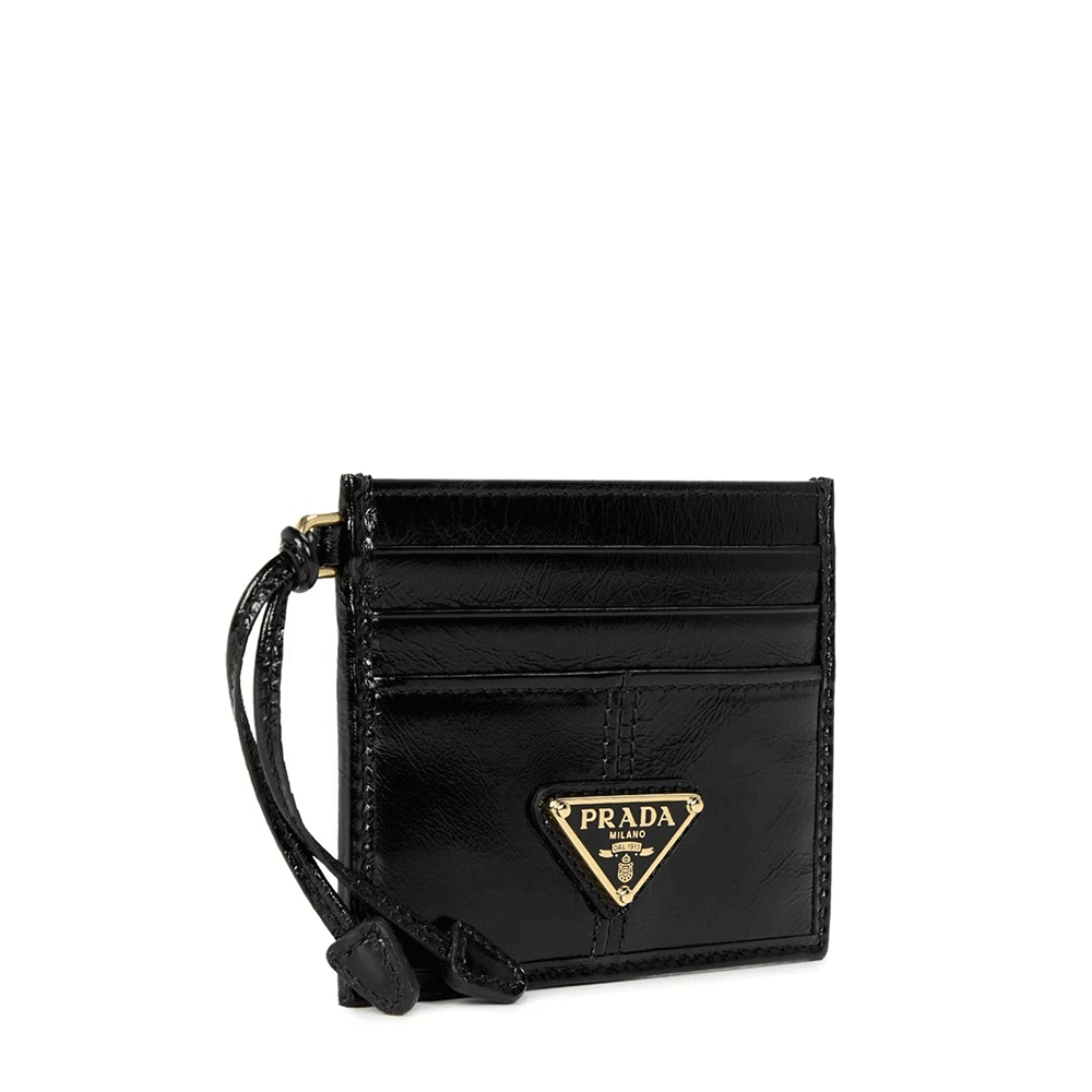 PRADA Black Saffiano Leather Card Holder with Gold-Tone Triangle Logo