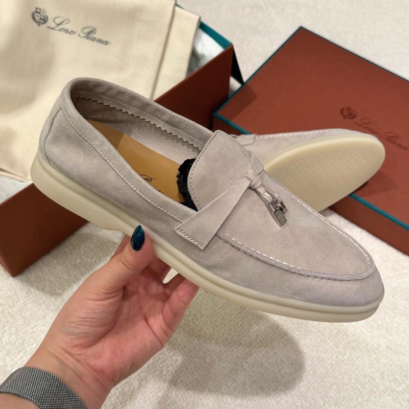 Loro Piana Suede Summer Charms Walk Loafers Gray Beige Silver-Tone