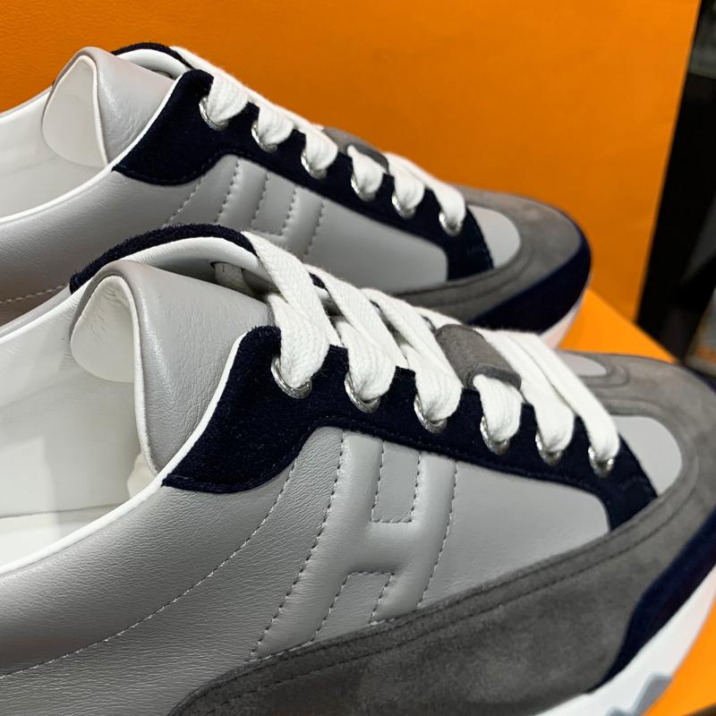 HERMES Navy Gray Calfskin Trail Low-Top Sneakers for Men