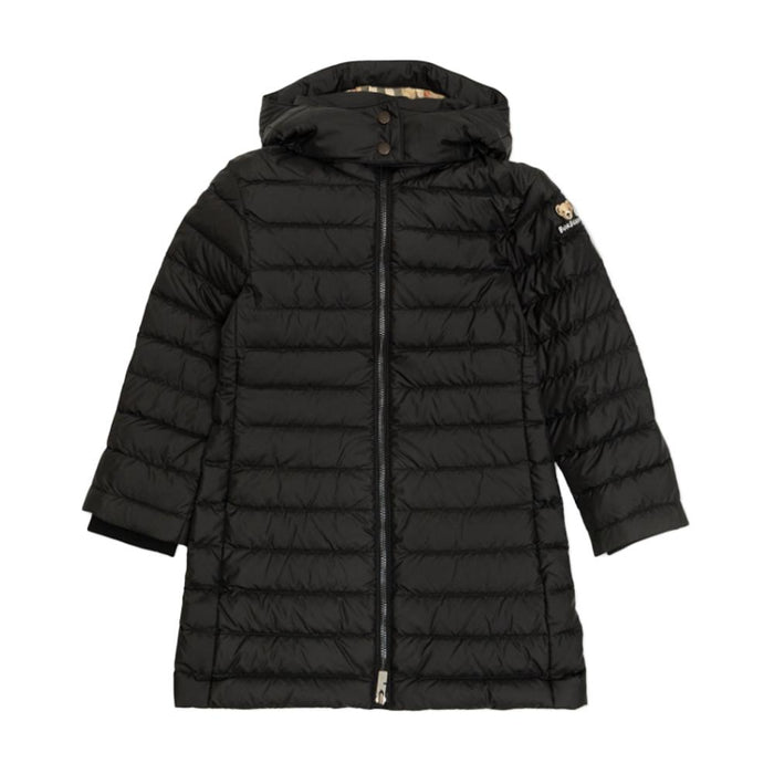 BURBERRY Women’s Bear Logo Hooded Long Down Jacket Black 8109351