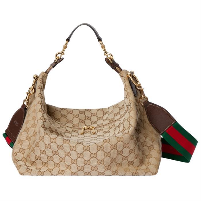 GUCCI Brera Medium Crossbody Bag Beige Canvas Leather Trim