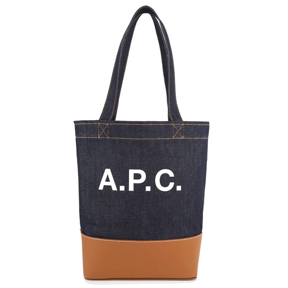 A.P.C. Axel Small Logo Denim Shopper Tote Bag Navy Caramel