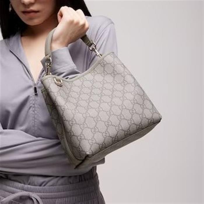GUCCI GG Emblem Small Bucket Bag Crossbody Gray Leather