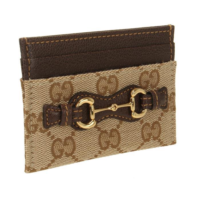 GUCCI Horsebit Leather Card Case Wallet Beige Brown