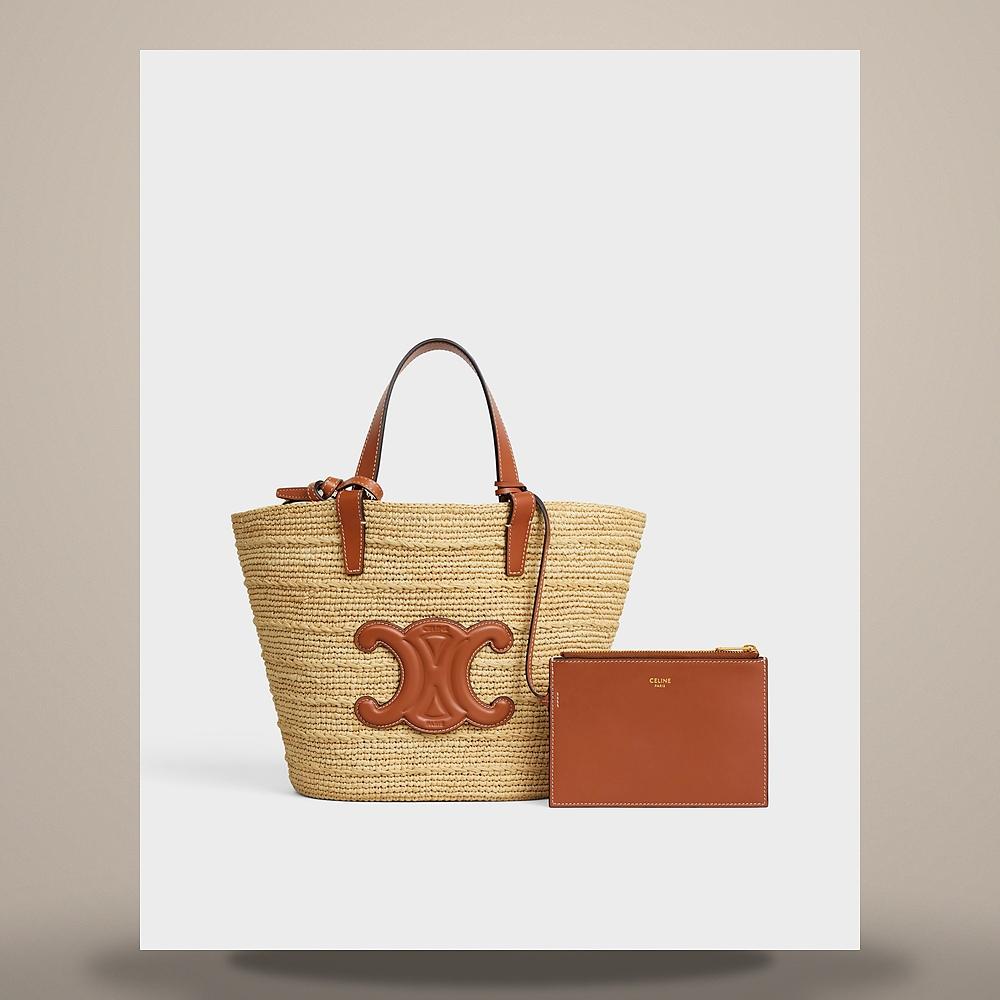 CELINE Teen Supple Classic Panier Raffia Calfskin Tote Bag Tan
