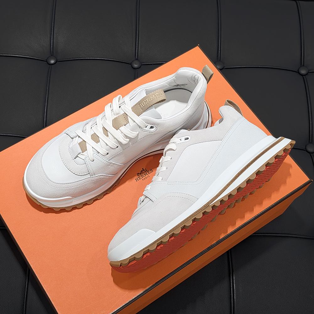HERMES White Beige Suede Calfskin Low-Top Sneakers for Men