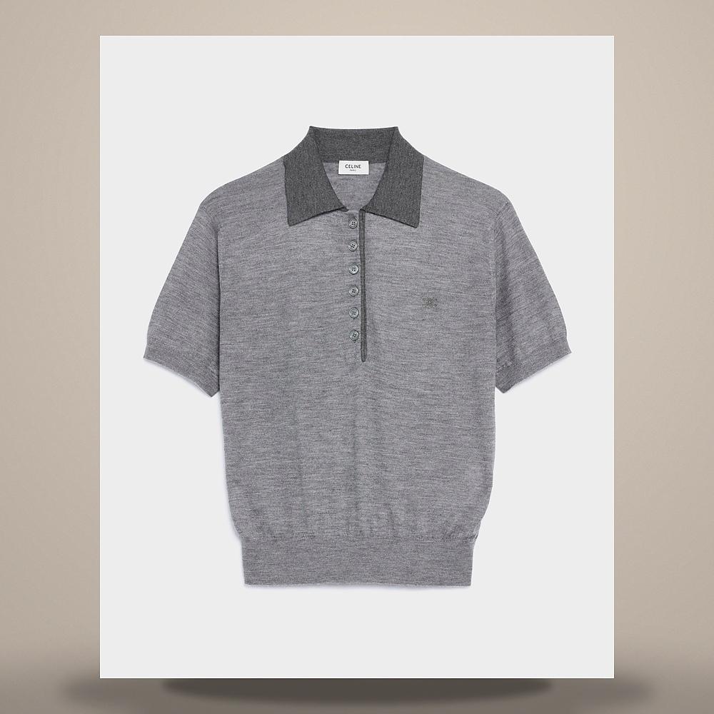 CELINE Light Gray Fine Cashmere Silk Polo Sweater Long Sleeve Shi RY0LZ0W27 GFW0