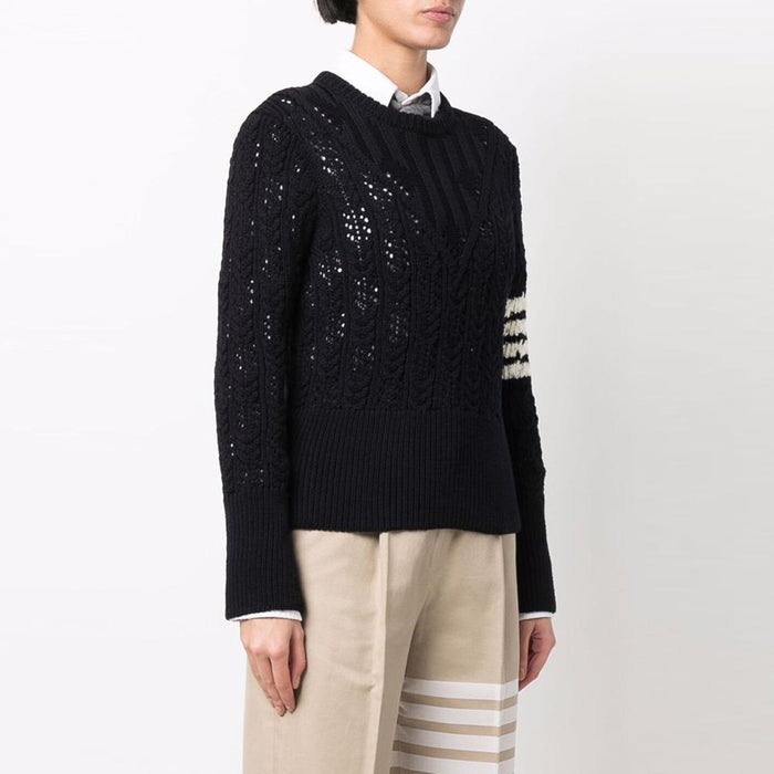 THOM BROWNE Diagonal Stripe Pointelle Knit Crewneck Sweater Navy