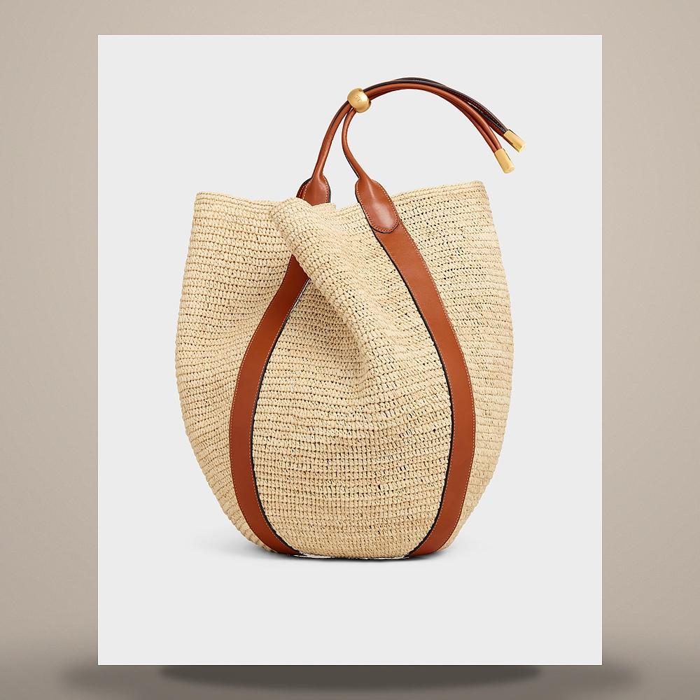 CELINE Large Drop Bucket Bag Raffia Calfskin Tan Crossbody L102H3S92 04LU
