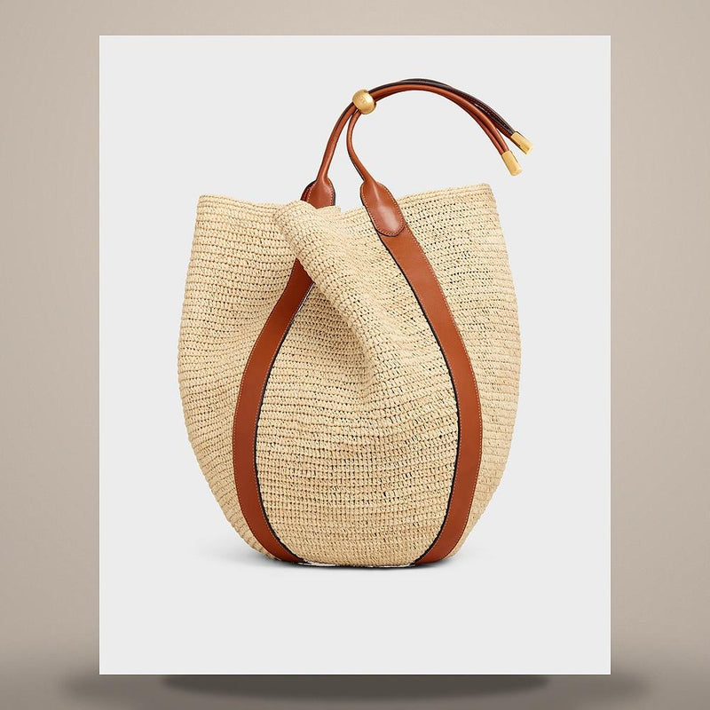 CELINE Large Drop Bucket Bag Raffia Calfskin Tan Crossbody L102H3S92 04LU