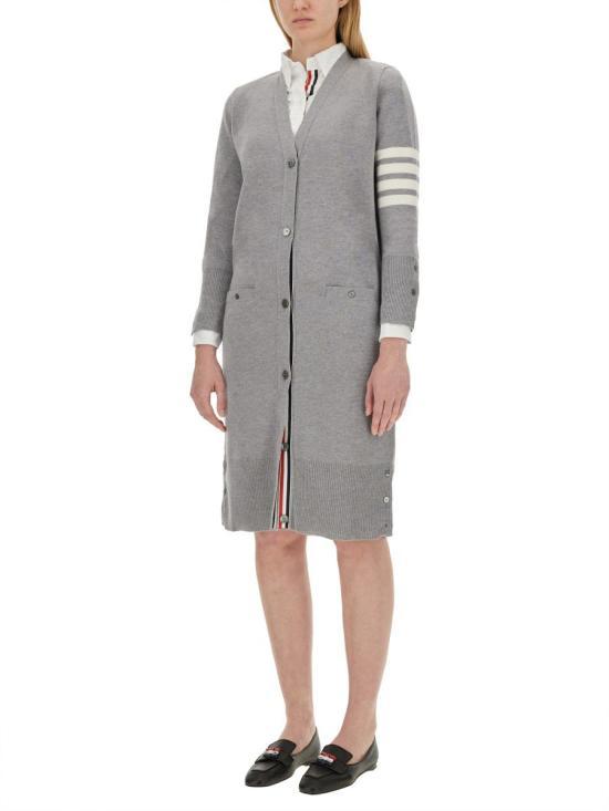 THOM BROWNE Wool Milano Stitch 4-Bar V-Neck Long Cardigan Light Gray