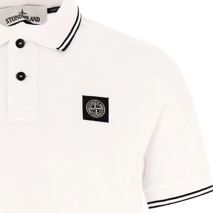 STONE ISLAND Logo Patch Short Sleeve Polo Shirt White Cotton Men