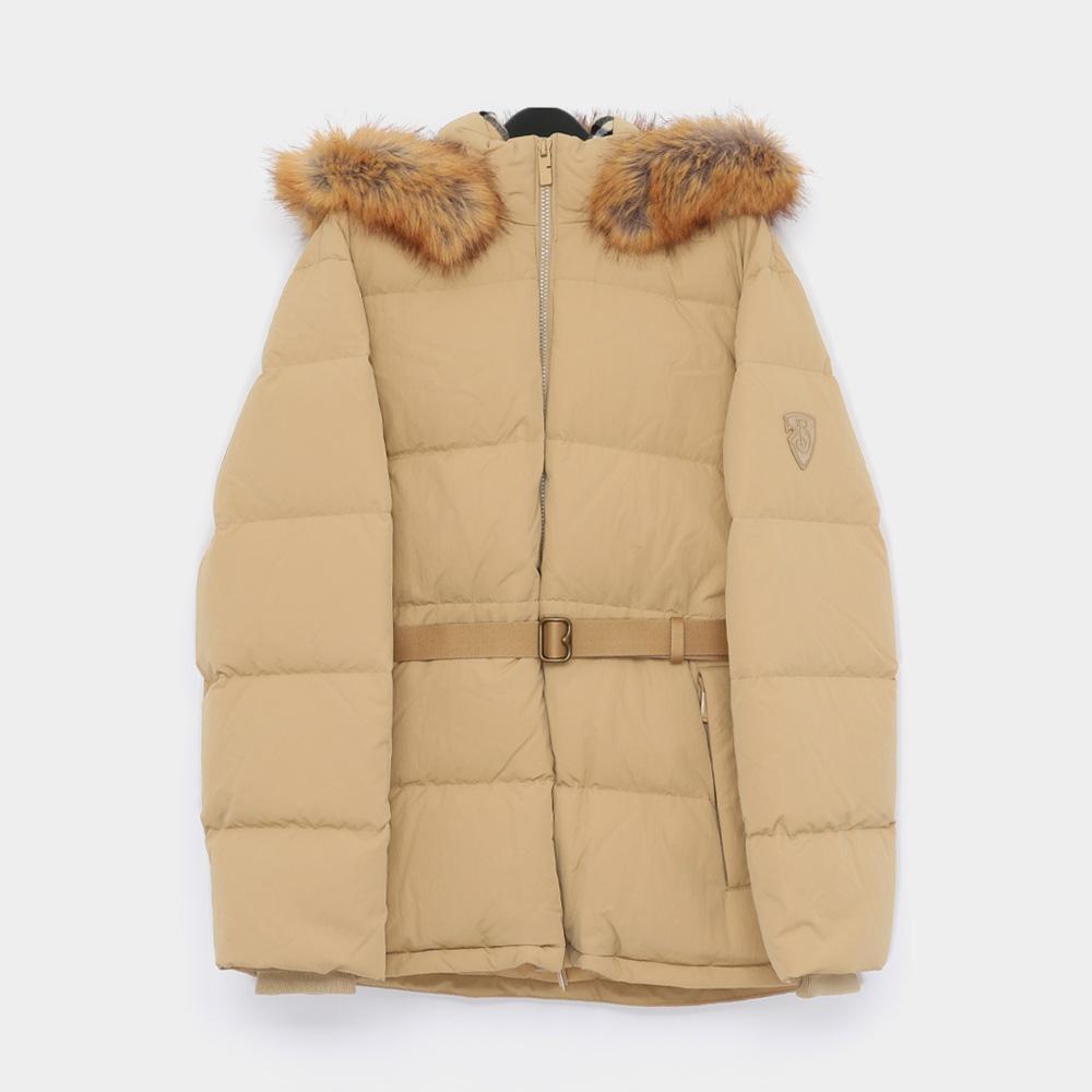 BURBERRY B Patch Logo Belted Hooded Fur Trim Women’s Down Jacket 8099897