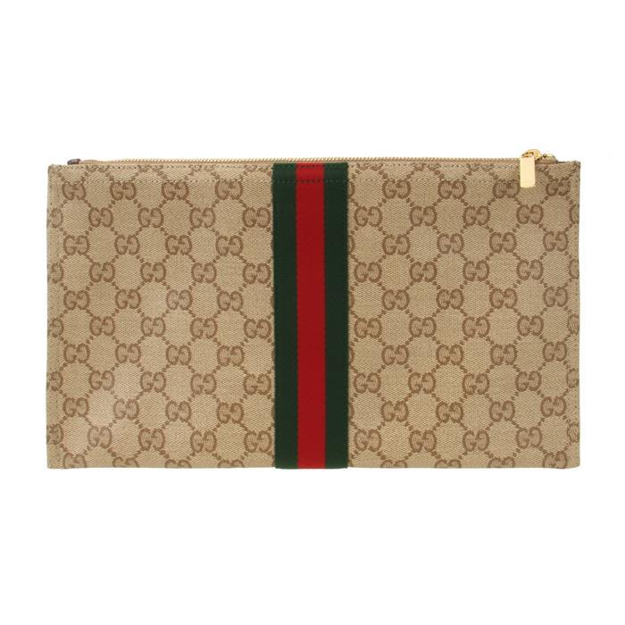 GUCCI Web Large Pouch Clutch Bag Brown Canvas Leather Trim