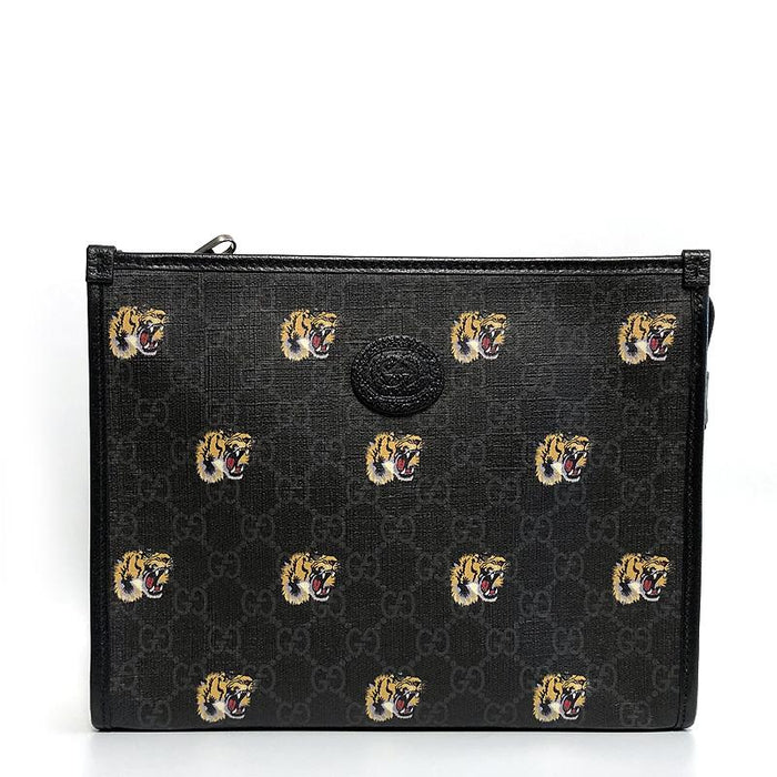 GUCCI GG Tiger Leather Clutch Bag Black Unisex