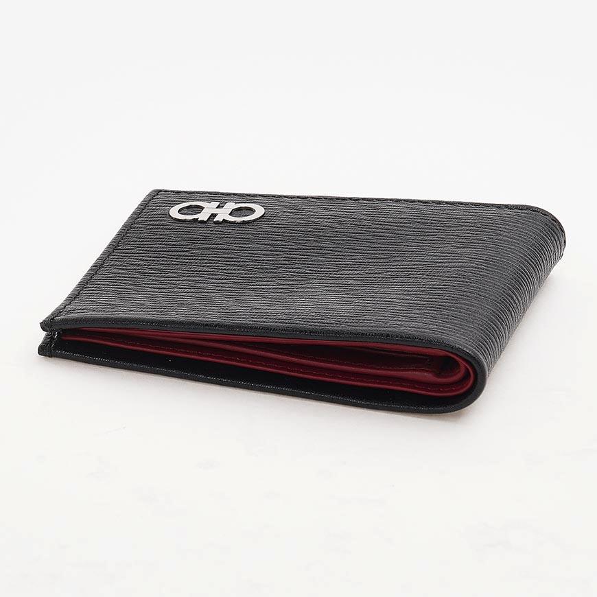 Ferragamo Gancini Bifold Wallet Black Red Leather Men's