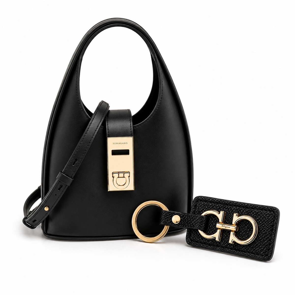 Ferragamo Gancini Buckle Mini Hobo Bag with Keyring Set Black 21 3978 22 E014