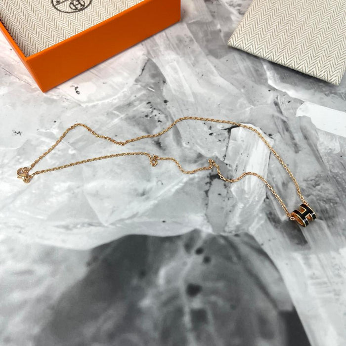 HERMES Mini Pop H Pendant Necklace Black Rose Gold