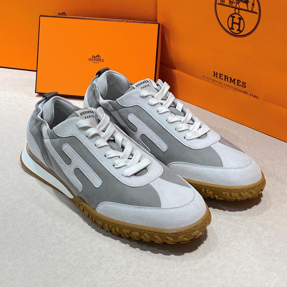 HERMES Men’s Suede Goatskin Jet Sneakers Gray Low-Top