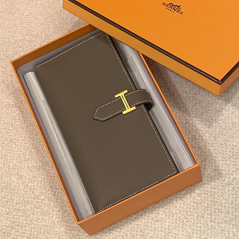 HERMES Etoupe Epsom Calfskin Béarn Long Wallet Gold Hardware
