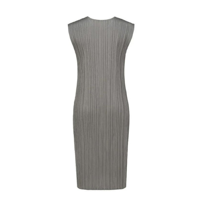 PLEATS PLEASE Gray Black Pleated Basic Short Sleeve Midi Dress JH11312 15