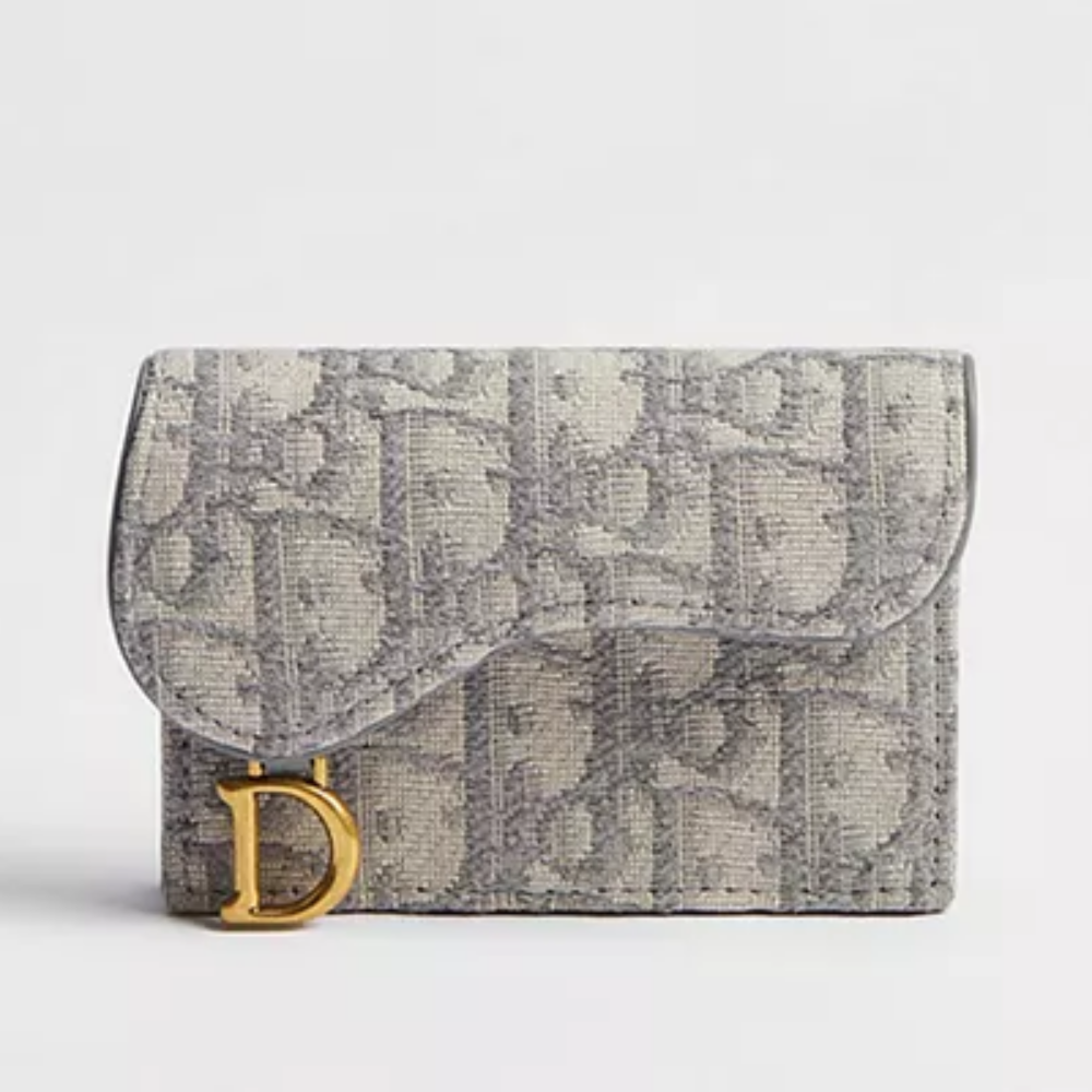 DIOR Oblique Saddle Card Holder Navy Gray Leather Unisex
