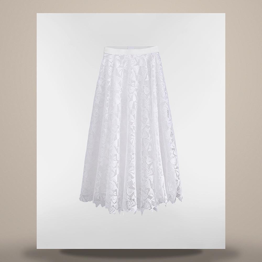 DIOR White Dioriviera Flare Midi Skirt Cotton-Blend Lace Bow 641J75A8727 X0150