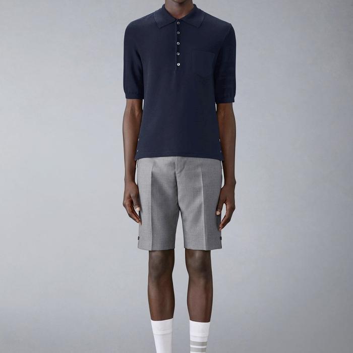 THOM BROWNE Silk Piqué Pocket Polo Shirt Navy Men