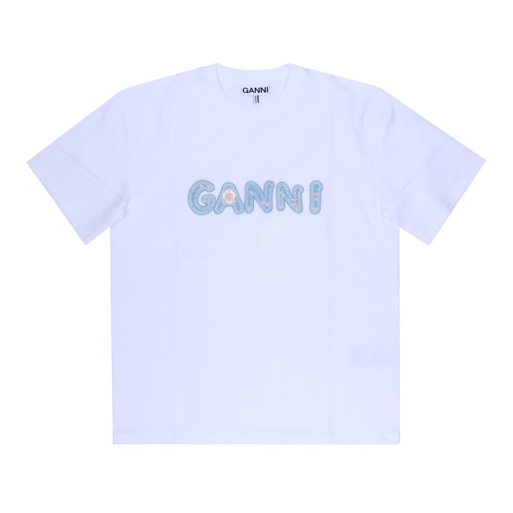 GANNI Crochet Logo Embroidered Short Sleeve T-Shirt Women White