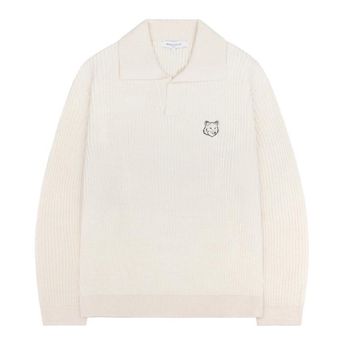 Maison Kitsune Fox Head Cotton Rib Polo Cardigan Jumper Navy