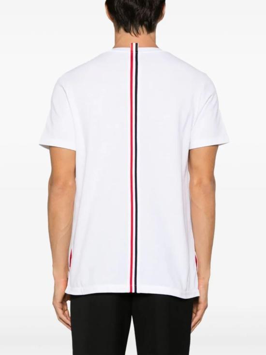 THOM BROWNE White Piqué Relaxed Fit T-Shirt with Center Back Stripe