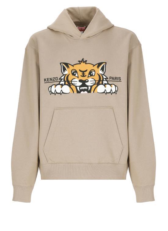 KENZO Beige Happy Tiger Embroidered Hoodie Sweatshirt Women FF55 SW2644 MF10