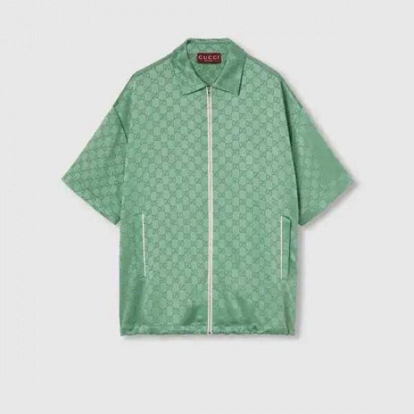 GUCCI Relaxed Fit GG Satin Zip Short Sleeve Blouse