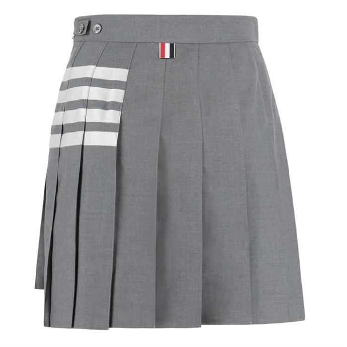 THOM BROWNE Stripe Drop-Back Wool Pleated Mini Skirt Gray
