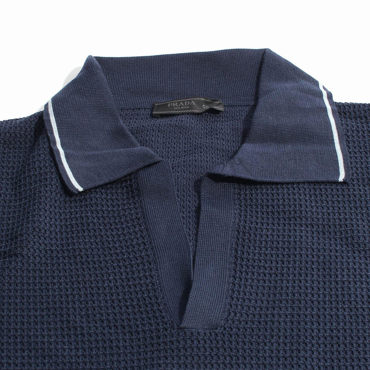 PRADA Navy Silk Cotton Knit Polo Shirt with Embroidered Logo