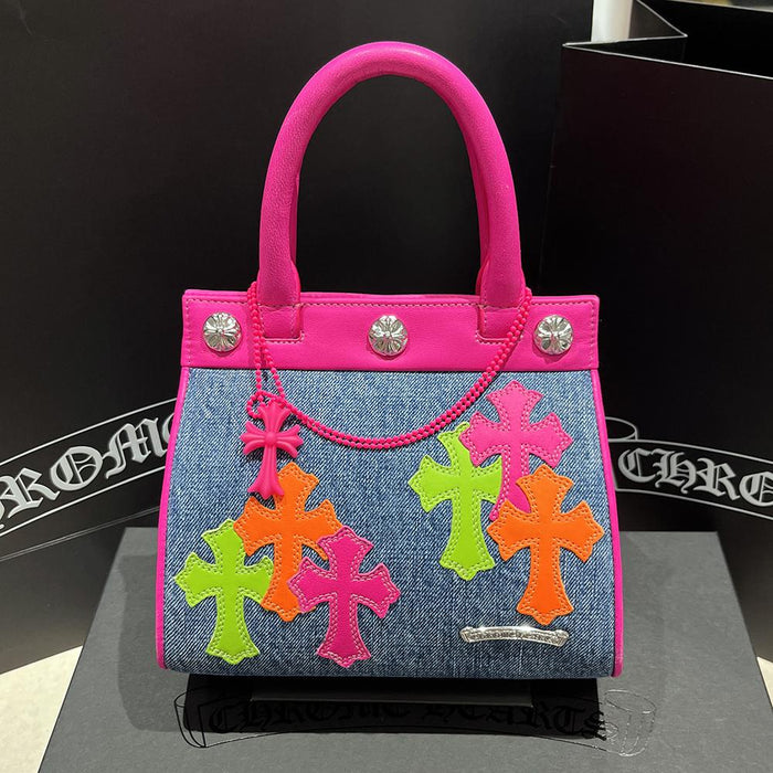 Chrome Hearts Denim Drew Mini Tote Handbag with Multicolor Cross Patches