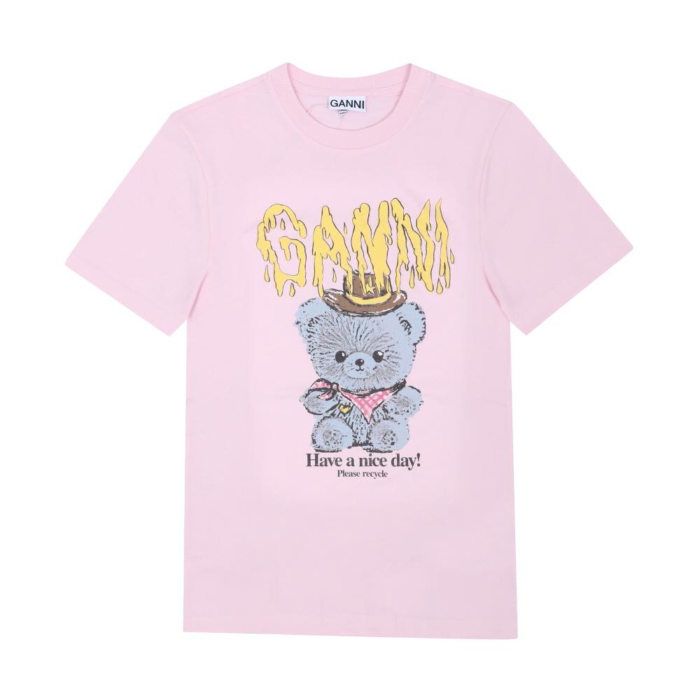 GANNI Pink Teddy Bear Print Short Sleeve Basic Women's T-Shirt A1050074 868
