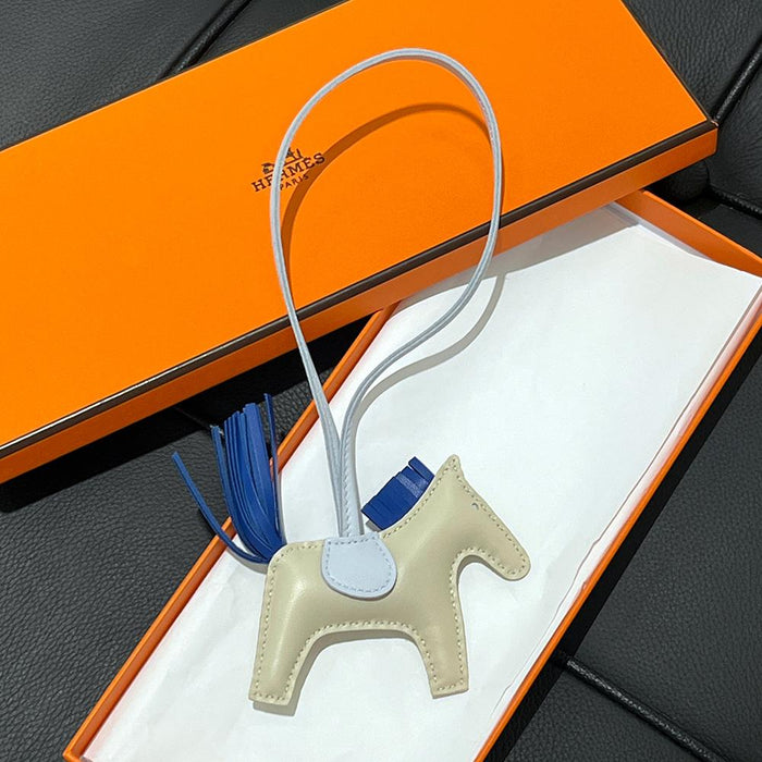 HERMES Rodeo PM Charm Ivory Blue Calfskin Lambskin Keyring