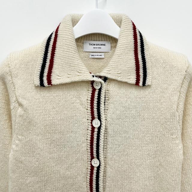 THOM BROWNE Donegal RWB Stripe Hector Pointelle Cardigan White