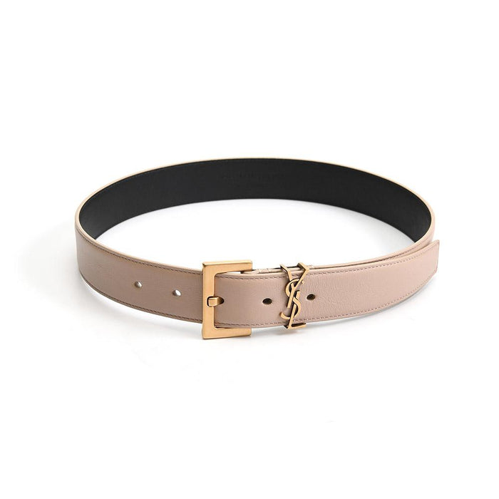Saint Laurent Cassandra Gold Square Buckle Beige Leather Belt