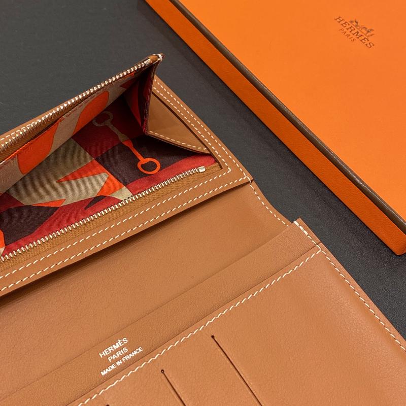 HERMES Gold Brown Calfskin Citizen Twill Long Wallet Unisex