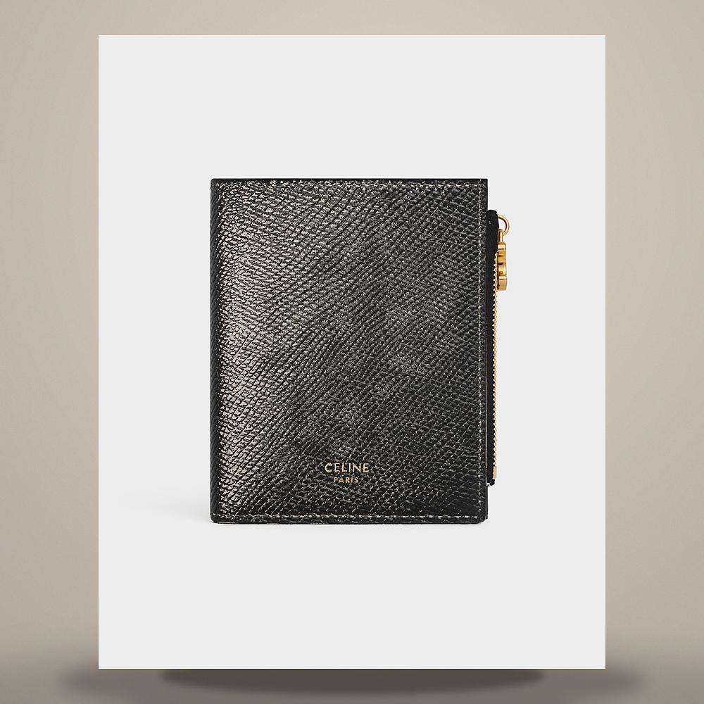 CELINE Triomphe Charm Compact Wallet Grained Calfskin Black Card Holder
