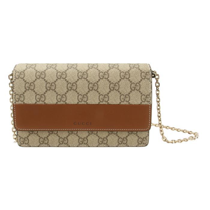 GUCCI GG Emblem Chain Wallet Shoulder Bag Brown Leather