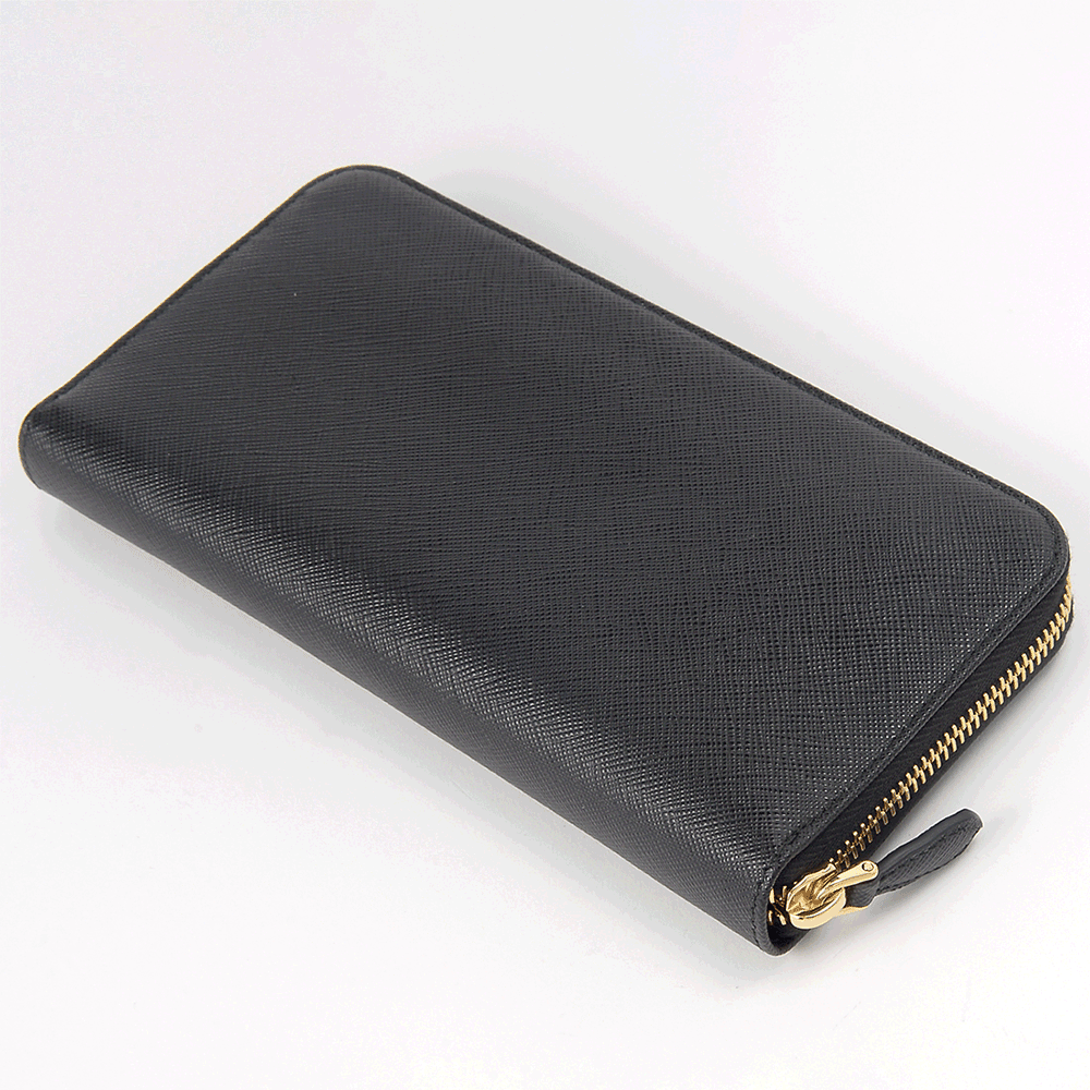 PRADA Black Saffiano Leather Long Wallet Gold Triangle Logo Women
