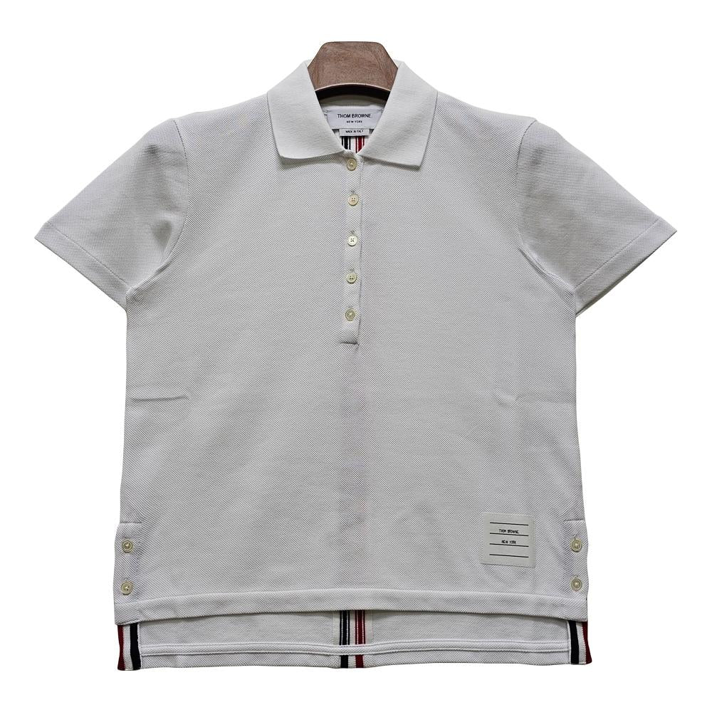 THOM BROWNE Women’s White Piqué Polo Shirt with Tricolor Stripe